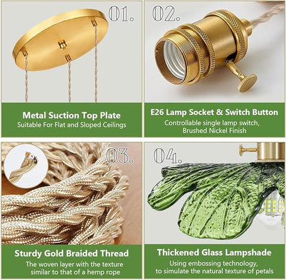 Green Glass Pendant Light 3-Light Cluster Chandelier Adjustable Gold Brass Pendant Hanging Light Farmhouse Pendant Lights for Kitchen Island Dining Room Bedroom