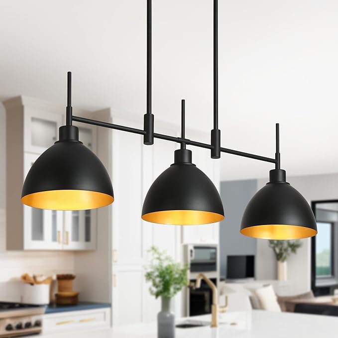 LOG BARN Black Chandeliers for Dining Room, Modern Farmhouse Linear Pendant Lighting for Kitchen Island, 3-Light Ceiling Fixture Hanging with Dome Metal Shade