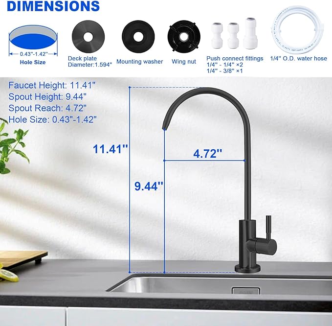 Drinking Water Faucet - Long Thread Stem Filtered Water Tap for Thick Countertop,Lead-Free RO Faucet with Hose and Push Connect Fittings(Matte Black-Flat Top)
