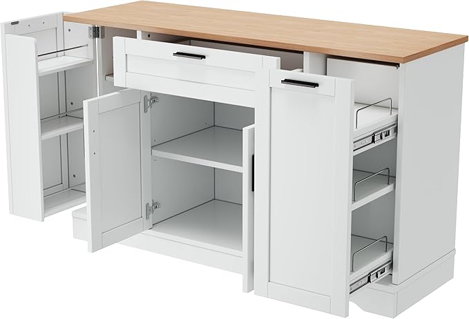 Multi-Functional Kitchen Island Storage Cabinet with 3-Tier Pull-Out Rack with Guardrails, Modern Buffet Sideboard with Adjustable Shelves, Storage Piece for Living Room or Entryway (White)