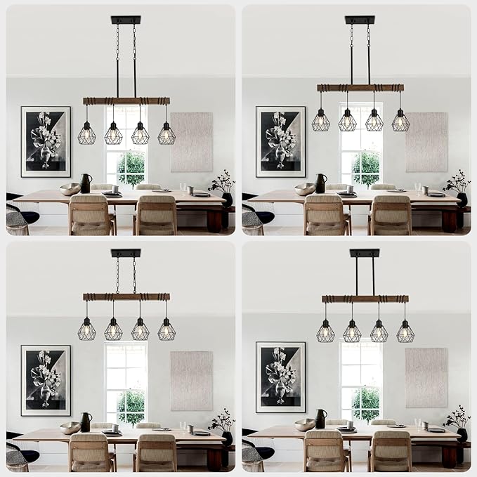 29.5 ‘’ 4-Light Kitchen Chandeliers Over Table, Farmhouse Black Dining Room Light Fixture, Linear Rustic Wood Ceiling Pendant Island Light Fixtures with Metal Lampshade, Height Adjustable