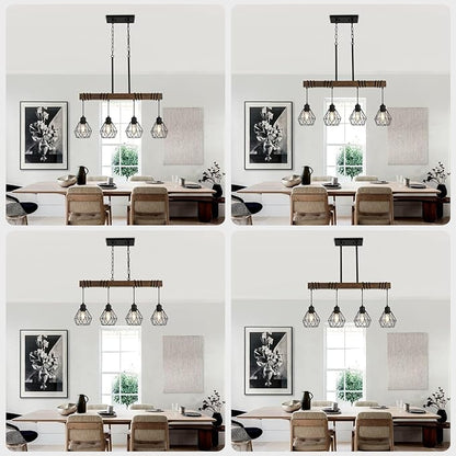 29.5 ‘’ 4-Light Kitchen Chandeliers Over Table, Farmhouse Black Dining Room Light Fixture, Linear Rustic Wood Ceiling Pendant Island Light Fixtures with Metal Lampshade, Height Adjustable