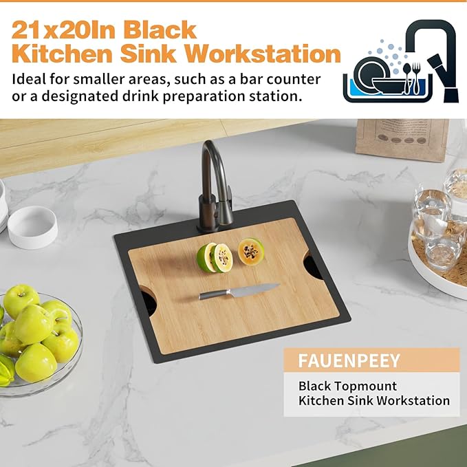 Black Kitchen Sink Workstation,21x20 In Stainless Steel Drop In Single Bowl Bar Sink Built-in Ledge Small Topmount Workstation Sink With Accessory-SS Grid Cutting Board,Silicon Mat,Drain Assembly