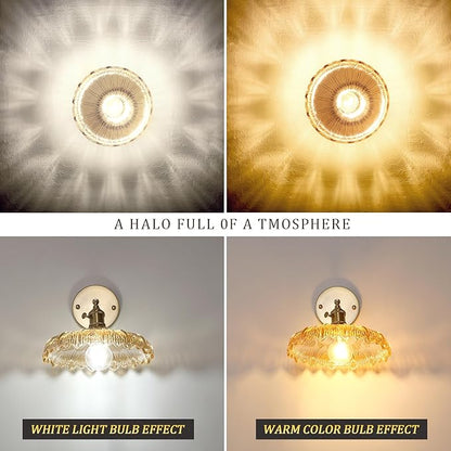 Shenmoyl Semi Flush Mount Vintage Lights Fixture with Amber Flower Glass, Bulb Included, 4.72" Base Modern Ceiling Light for Porch, Kitchen, Bedroom
