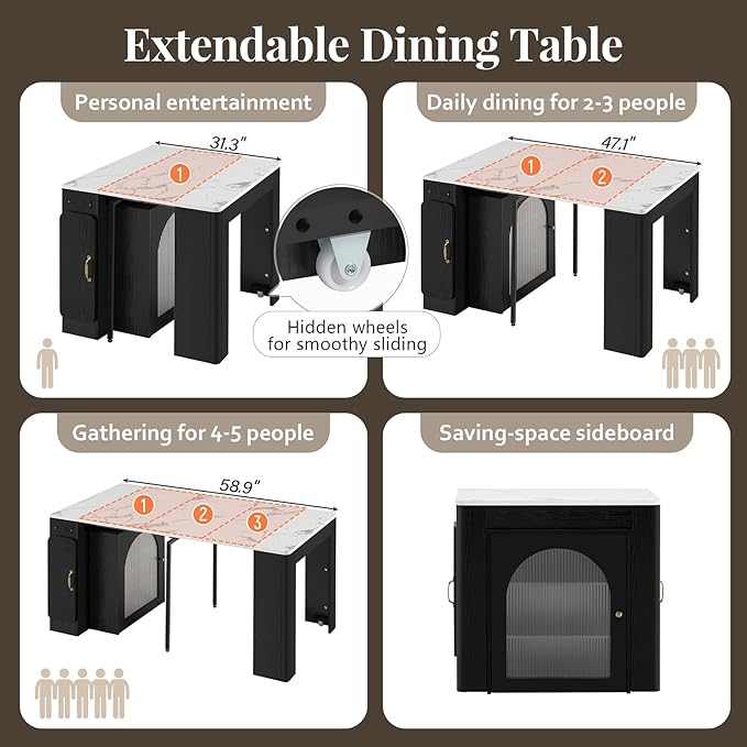 Extendable Dining Table with Storage and Power Outlet, Rolling Kitchen Island with LED Lights, 3-Leaf Expandable Console Table with USB Ports for Small Apartment Living Room