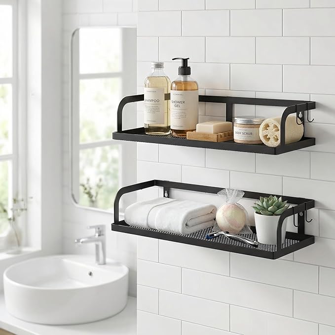 PUSDON Metal Wire Storage Baskets with Open Front, Multi-Purpose Organizer Bins with Mesh Bottom for Under Sink, Cabinet, Pantry and Bathroom, Space Saving Rack (Black, 2-Pack)