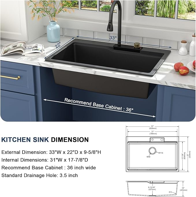 Lordear Black Waterfall Kitchen Sink Granite Composite 33x22 Drop In Kitchen Sinks Black Quartz Composite Single Bowl Multifunctional Workstation Topmount Sink with Pull Out Faucet