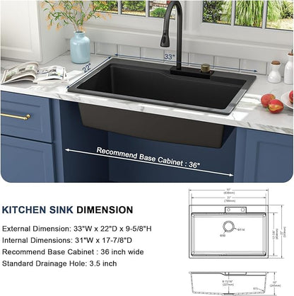 Lordear Black Waterfall Kitchen Sink Granite Composite 33x22 Drop In Kitchen Sinks Black Quartz Composite Single Bowl Multifunctional Workstation Topmount Sink with Pull Out Faucet