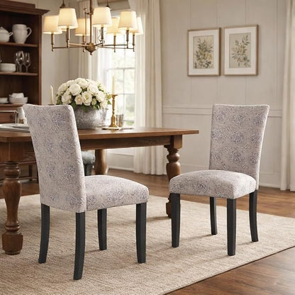 HomePop Classic Parsons Dining Chair -Gray Linen Artistic Floral Print (Set of 2)