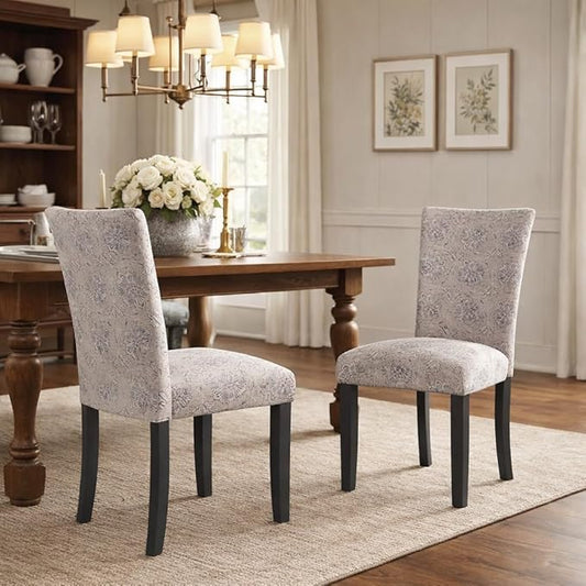 HomePop Classic Parsons Dining Chair -Gray Linen Artistic Floral Print (Set of 2)