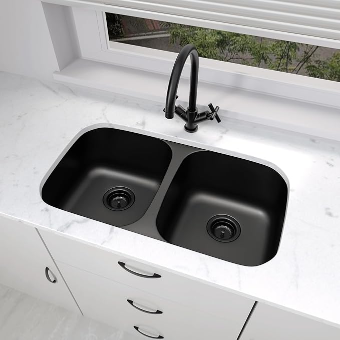 LQS 32 Inch Black Kitchen Sink, Double Bowl Kitchen Sink, Undermount Kitchen Sink Stainless Steel, Black Oval Kitchen Sink with Sleek Roun Corner for Easy Cleaning and Two Sink Strainers