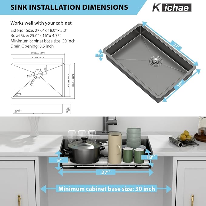 Kichae 27 Inch Black Undermount Kitchen Sink 27” x18” x5” Kitchen Sink Stainless Steel 16 Gauge Shallow Kitchen Sink Round Corner Handmade Basin