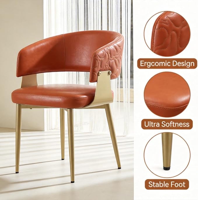 Atoll Modern Accent Dining Chairs Set of 2 with Upholstered PU Leather Seat & Curved Back, Metal Legs, Mid-Century Kitchen Chair for Dining Room, Living Room or Office (2, Orange)