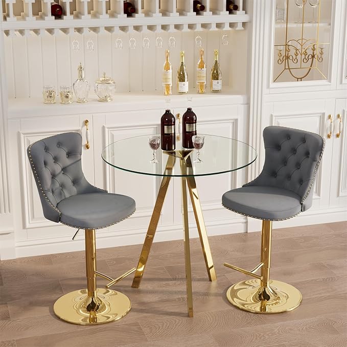 yeag 31.5'' Modern Round Glass Bar Table Set for 2, Luxury Gold Bistro Pub Table & 2 Adjustable Metal Bar Stools Velvet Swivel Counter Height Stools (Gold Metal Legs, Clear Top + Grey Chair)
