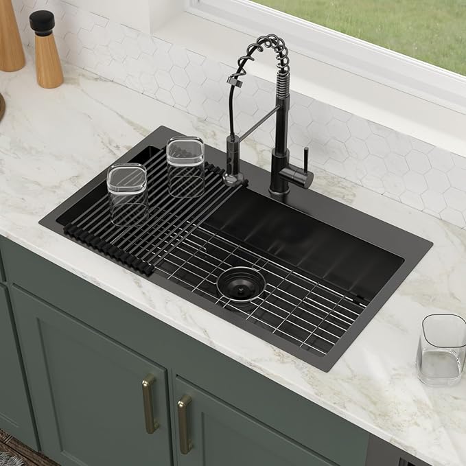 Logmey 30 In Drop in Kitchen Sink 30x19x9 PVD Nano Gun Black 16 Gauge Stainless Steel Single Bowl Sink with Bottom Grid Roll-up Drying Rack for Residential Kitchen & Utility Space