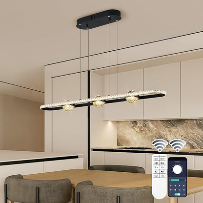 ORANOOR Modern LED Pendant Lights, Dimmable 39in Crystal Globe LED Rectangle Chandelier Lighting, Linear Black Dining Room Hanging Light Fixtures Kitchen Island Pendant Light Over Dining Table, 40W