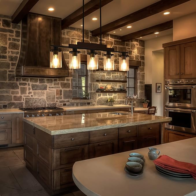 Dining Room Light Fixture Over Table Above Farmhouse Kitchen Island Lighting,Matte Black Rustic Rectangular Linear Chandelier Wood Pendant 5-Light Ceiling Hanging with Glass Shade for Bar Restaurant