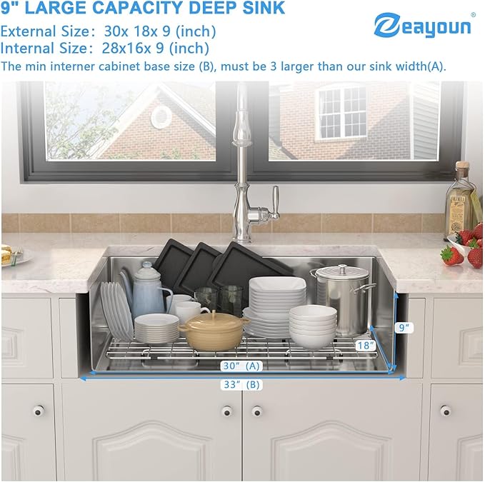 30 Inch undermount Kitchen Sink 18 Gague Stainless Steel Handmade Sink Single Bowl Large Deep Under Counter Sinks,30"x18"x9"