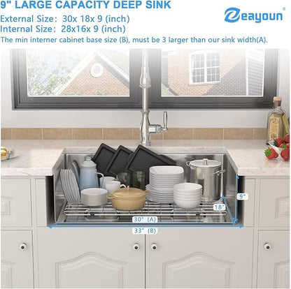 30 Inch undermount Kitchen Sink 18 Gague Stainless Steel Handmade Sink Single Bowl Large Deep Under Counter Sinks,30"x18"x9"