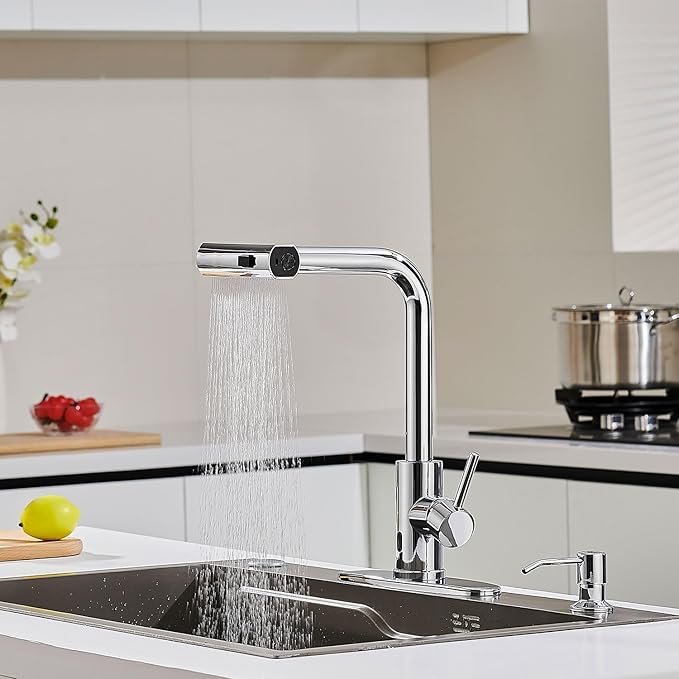 AVSIILE Touchless Waterfall Kitchen Faucets with Pull Down Sprayer & Soap Dispenser in Chrome, Single Hole, Single Handle, Pull Out Sink Faucet, Suitable for Farmhouse Camper Laundry Rv Bar