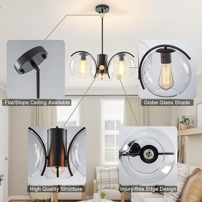 3-Light Black Chandelier with Downward Arched Arms, Modern Farmhouse Pendant Light Fixture with Clear Glass Globe Shades, Ceiling Lighting for Dining Room, Bedroom and Foyer