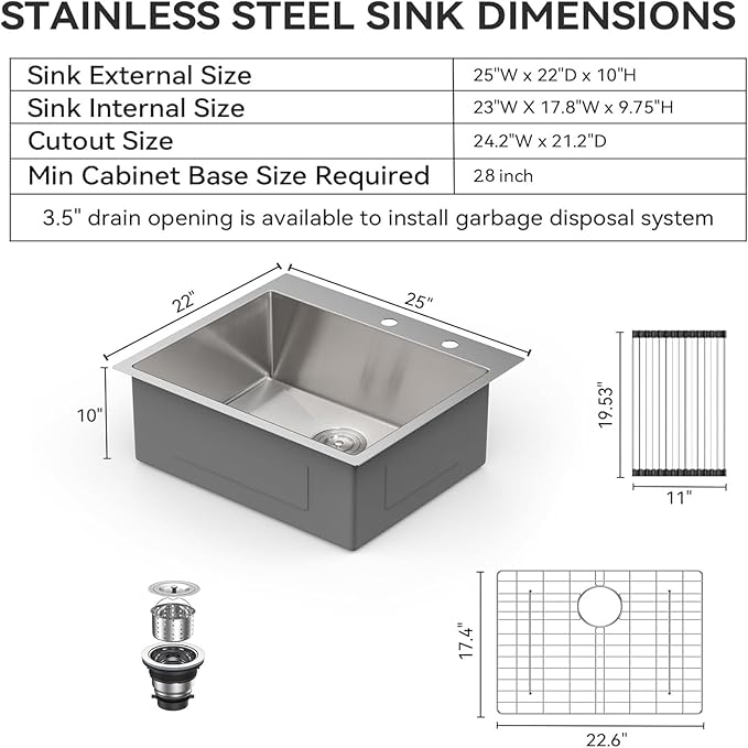 Lordear 25 Drop In Kitchen Sinks 25 x 22 Single Bowl Stainless Steel 16 Gauge Topmount Over Counter Handmade Kitchen Laundry Room Utility Sink Basin