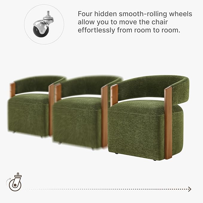 KISLOT Upholstered Dining Chair Set of 1, Barrel Modern Dining Room Chair with Casters, Kitchen Side Wooden Armchair with Fabric Cushion Seat for Bedroom, Livingroom, Reading Room, Green, 1 Box