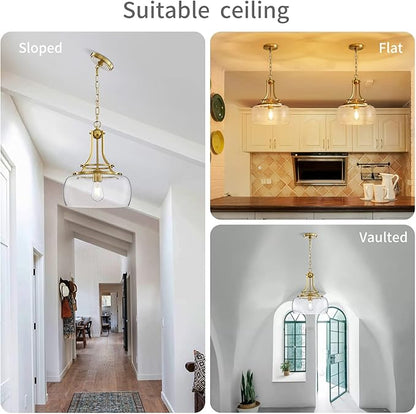 WUZUPS Chandelier Rustic Farmhouse Industrial Round Ceiling Pendant LED Light Fixture with Clear Glass Shades for Dining Room Kitchen Island Foyer Entryway, H 17" x W 13.4", E26 Base, Brushed Gold