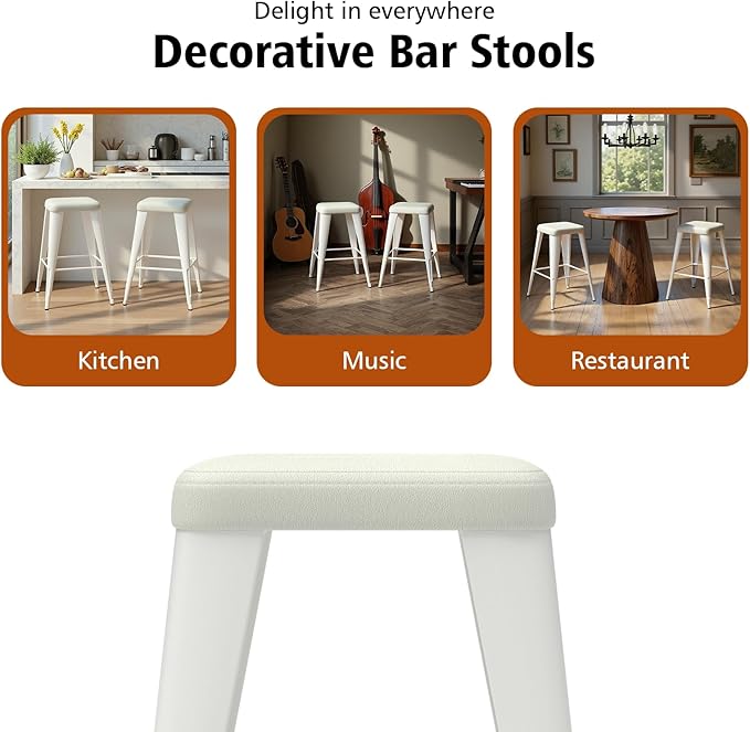 Backless Bar Stools Set of 2, Upholstered Faux Leather Counter Height Stools with Sturdy Metal Legs, 26 Inch Barstools for Kitchen Island (White)