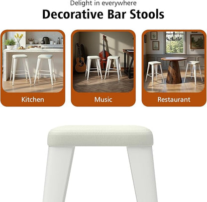 Backless Bar Stools Set of 2, Upholstered Faux Leather Counter Height Stools with Sturdy Metal Legs, 26 Inch Barstools for Kitchen Island (White)