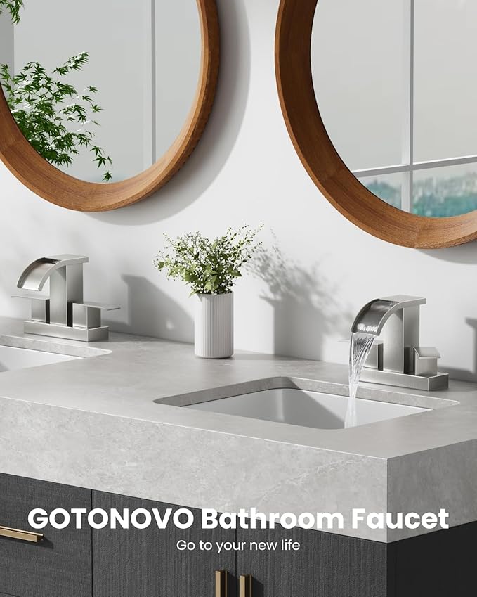 gotonovo Waterfall 4 Inch Centerset Bathroom Sink Faucet 2 Handle Basin Faucets 2 or 3 Hole Deck Mount with Pop Up Drain Included Lavatory Modern Mixer Tap Vanity Faucet Brushed Nickel