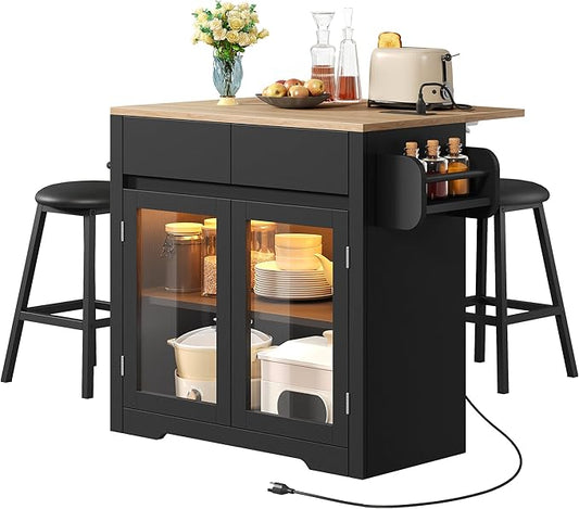 YITAHOME Rolling Kitchen island with Seating and LED Lights, Mobile Storage Islands with Drop Leaf, Dining Table with Power Outlet, 2 Drawers and Soft Stools, Spice/Towel Rack, Lacquered Finish, Black