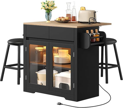 DWVO Kitchen Island with Drop Leaf, Mobile Kitchen Storage Islands with Power Outlet & LED Lights, 37.5" Rolling Dinning Table with Seating, 2 Soft Cushion Bar Stools, Towel & Spice Rack, Qak Black