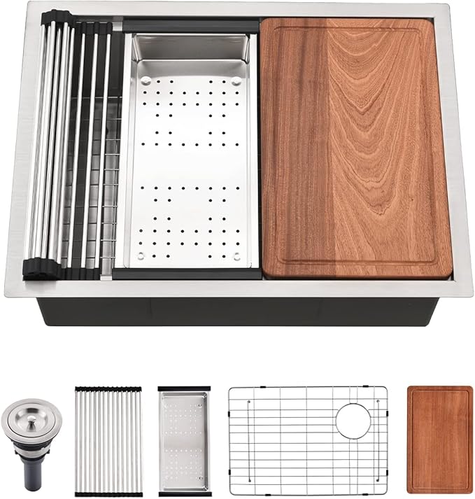 25 inch Undermount Kitchen Sink Workstation 16 Gauge Stainless Steel Single Bowl Kitchen Sink with Offset Drain