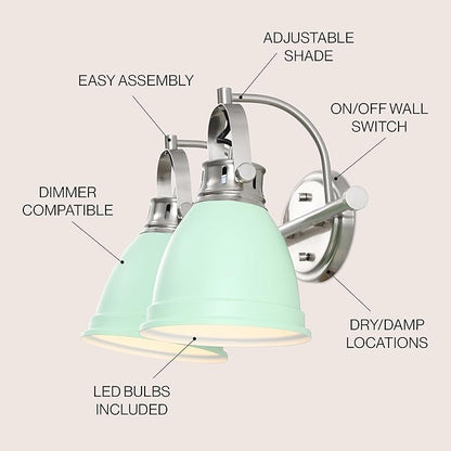 JONATHAN Y 16.25" Mint Green/Nickel 2-Light LED Vanity Light, Adjustable Wall Sconce for Bathroom Mirror, Farmhouse Bohemian Kitchen Light, Iron Black Bell Shade (JYL1115C)