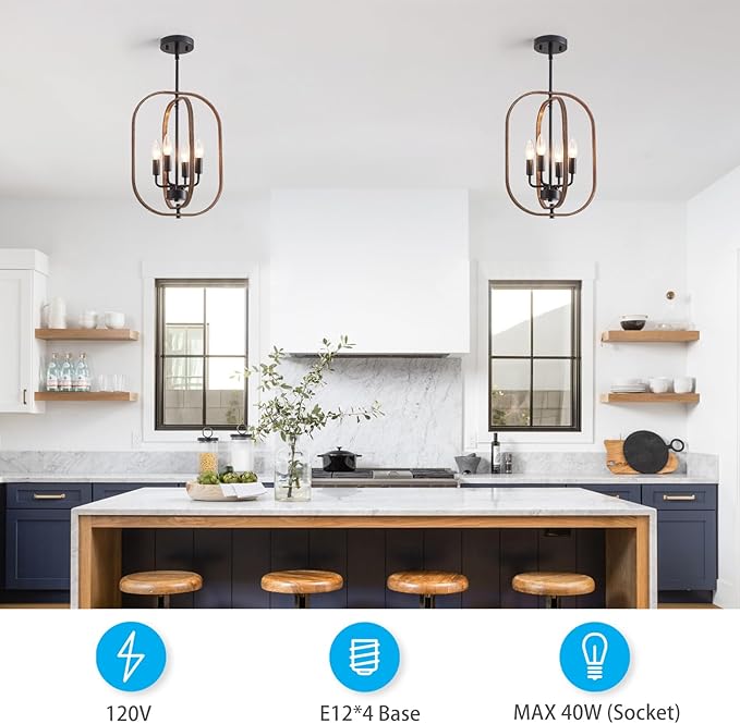 XINGQI Small Chandeliers for Dining Room, 12.2" Modern Farmhouse Pendant Lighting Fixture Rustic Metal 4-Light Black and Wood Grain Finish for Entryway Bedroom Hallway Foyer Kitchen Office Bar