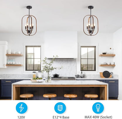 XINGQI Small Chandeliers for Dining Room, 12.2" Modern Farmhouse Pendant Lighting Fixture Rustic Metal 4-Light Black and Wood Grain Finish for Entryway Bedroom Hallway Foyer Kitchen Office Bar