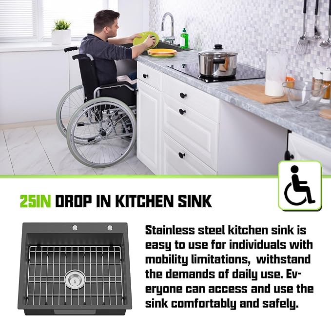 Black Kitchen Sink, 25x22x6 Inch Low Height Design Single Bowl Stainless Steel Drop In Kitchen Sink Come With Accessories Ensure Individuals With Limited Mobility Easily Accessing And Using