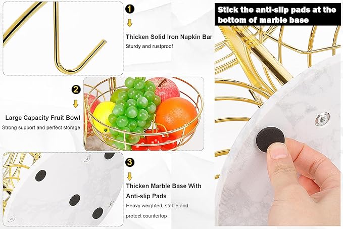 Livabber Fruit Basket Bowl with Banana Hanger, Metal Fruit Vegetable Storage Basket with Banana Holder for Kitchen Counter, Detachable Organizer for Bread Snack Produce (Gold, 3-Tier Marble Base)