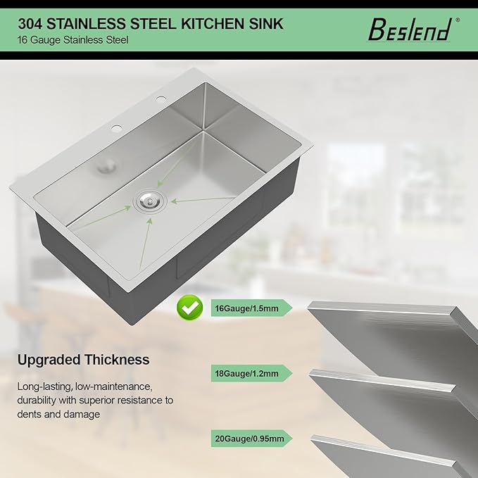 36 Drop In Kitchen Sink - Beslend 36x22 Inch Kitchen Sink Drop In Stainless Steel Sinks Topmount 16 Gauge 9" Deep Single Bowl Above Counter Sinks Dish Basin, Sink Only