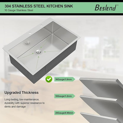 30 Drop In Kitchen Sink - Beslend 30x22 Inch Kitchen Sink Drop In Stainless Steel Sinks Topmount 16 Gauge 9" Deep Single Bowl Above Counter Sinks Dish Basin, Sink Only