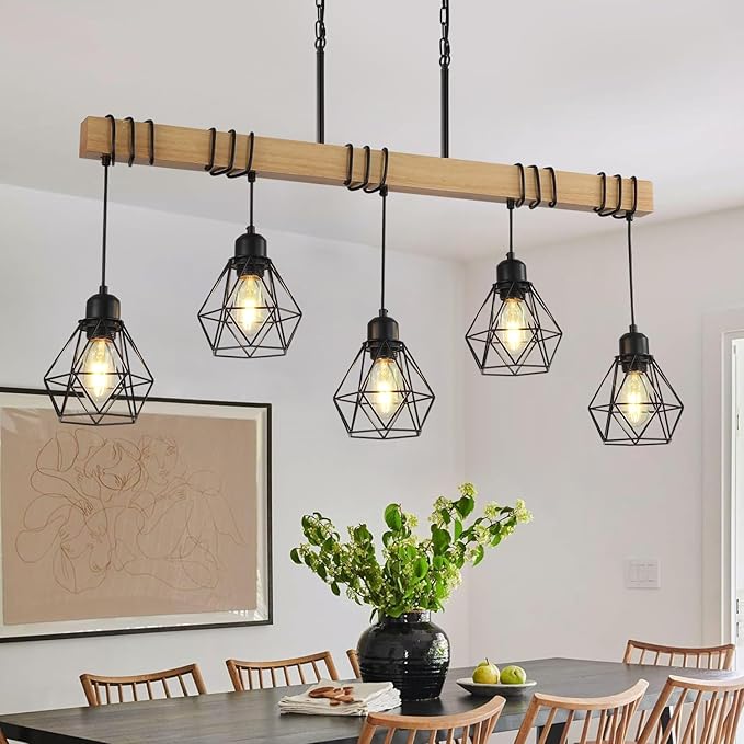 38" Farmhouse Kitchen Light Fixture, Black Hanging Kitchen Chandelier, 5-Light Rustic Dining Room Light Adjustable Height with Wood and Metal Frame, Suit for Farmhouse, Industrial Style