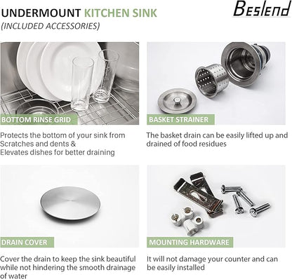 33 Undermount Double Bowl Kitchen Sink - Beslend 33x19x10 Inch Double Sink Stainless Steel Undermount Sinks 16 Gauge 60/40 Double Bowl Sinks