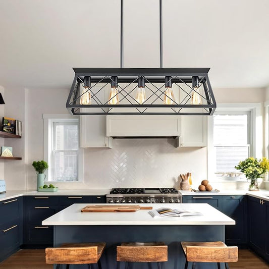 HuixuTe 5-Light Farmhouse Pendant Light for Dining Room, Rustic Kitchen Island Lighting, Adjustable Height Chandeliers for Kitchen, Dining Room Table Black