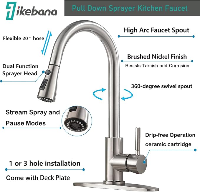 IKEBANA Kitchen Faucet, Brushed Nickel Kitchen Sink Faucet with Pull Down Sprayer, High Arc Single Handle Stainless Steel Pull Out Faucet for Kitchen Sink
