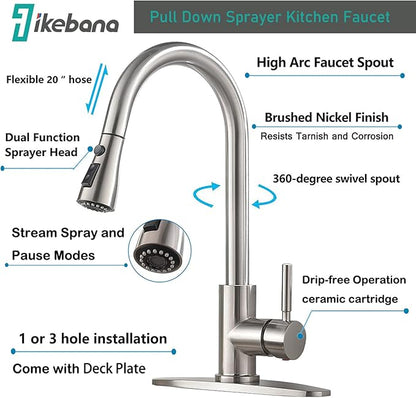 IKEBANA Kitchen Faucet, Brushed Nickel Kitchen Sink Faucet with Pull Down Sprayer, High Arc Single Handle Stainless Steel Pull Out Faucet for Kitchen Sink
