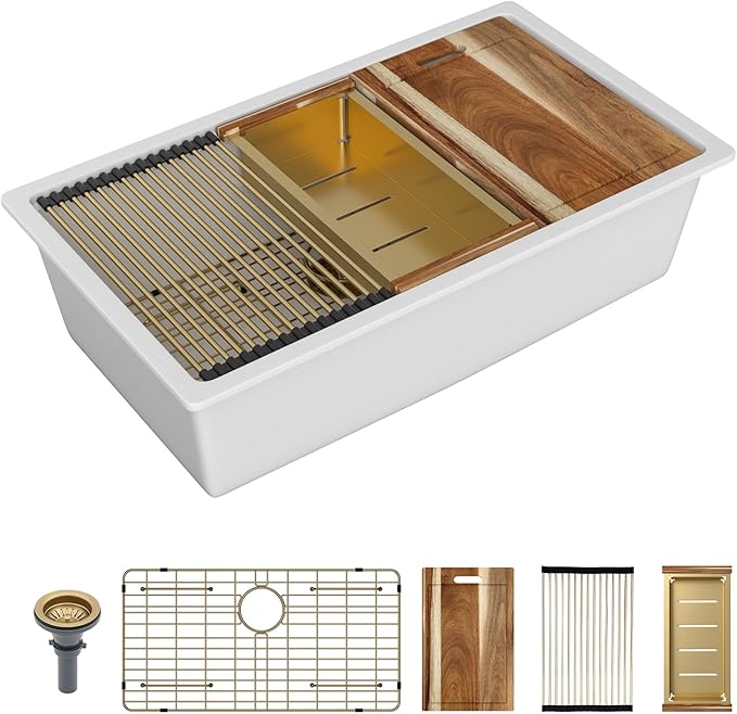 Sarlai 32 Granite Composite Kitchen Sink - 32 x 19 Inch Granite Undermount Kitchen Sink Ledge Workstation Under-Mount White Quartz Classic Single Bowl Sinks Under Counter Basin With Gold Accessories