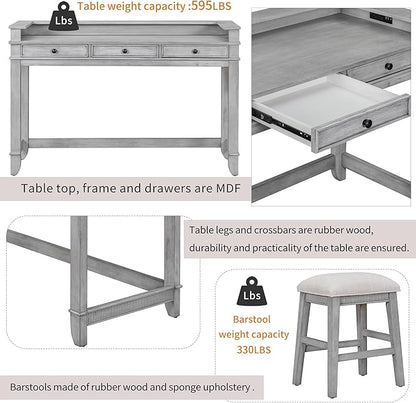 VilroCaz 4-Piece Counter Height Extra Long Dining Table Set with 3 Drawers and Upholstered Stools, Rubber Wood Dining Table Set Home Bar Set with Footrest and USB Port (Grey-B1)