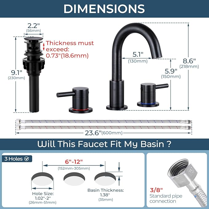 FGKQ Oil Rubbed Bronze Bathroom Faucet for Sink 3 Hole, Bathroom Sink Faucet with Pop Up Drain, 8 Inch Widespread Vanity Faucet 3 Hole, 360° Swivel Two Handle with Supply Lines