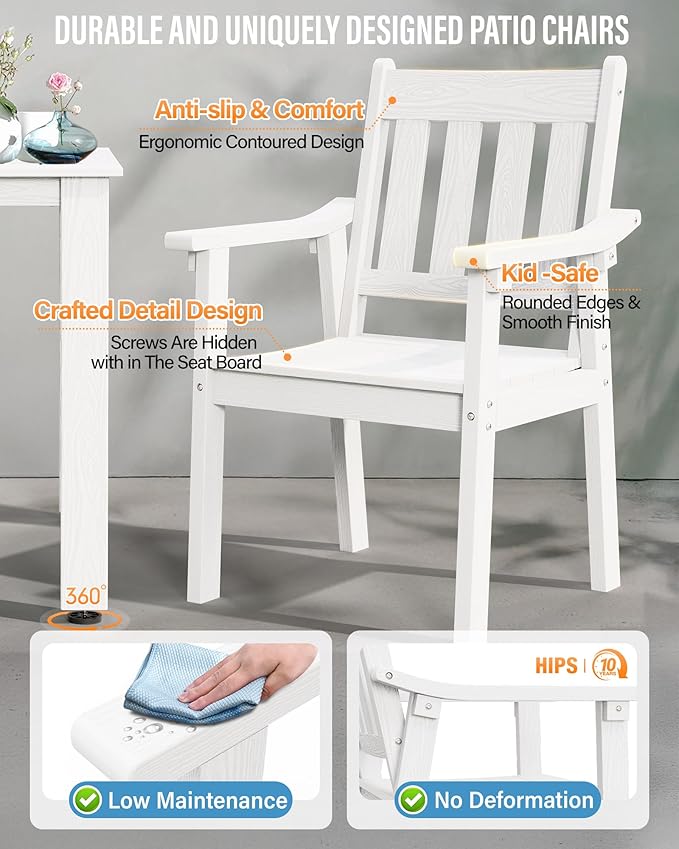 YEFU HIPS Patio Table Set: 5 Piece Outdoor Square Table and Chairs with Metal Aluminum Frame - White Modern Plastic Patio Dining Furniture Set 4 Person for Outside Deck